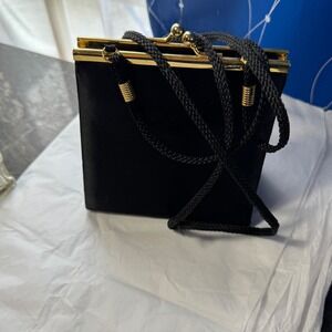 Vintage Black Satin Kiss Lock Evening Bag Gold Trim Braided Strap